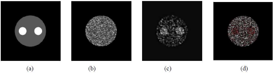 (a) 다중에너지 3D 팬텀의 단면도, (b) X-선 CT 재구성 영상, (c) SPECT 재구성 영상, (d) SPECT-CT 정합 영상