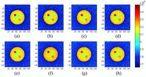 (a) 기존의 K-edge imaging 방법으로 획득한 가돌리늄의 영상, (b) 0.25, (c) 0.5, (d) 0.75, (e) 1.0, (f) 1.25, (g) 1.5, (h) 1.75 mm의 구리 필 터를 사용하여 획득한 improved K-edge 영상