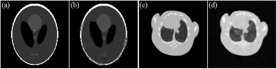 (a) analytic 시뮬레이션에 이용된 팬텀의 횡단면, (b) analytic 시뮬 레이션을 통해 획득된 팬텀의 재구성 영상, (c) Monte Carlo 시뮬레이션에 이용된 팬텀의 횡단면, (d) Monte Carlo 시뮬레이션을 통해 획득된 팬텀의 재구성 영상