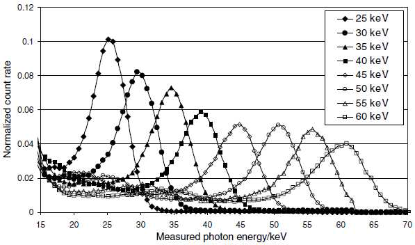 15~70 keV 범위에서 에너지에 따른 검출기 응답특성과 계수효율
