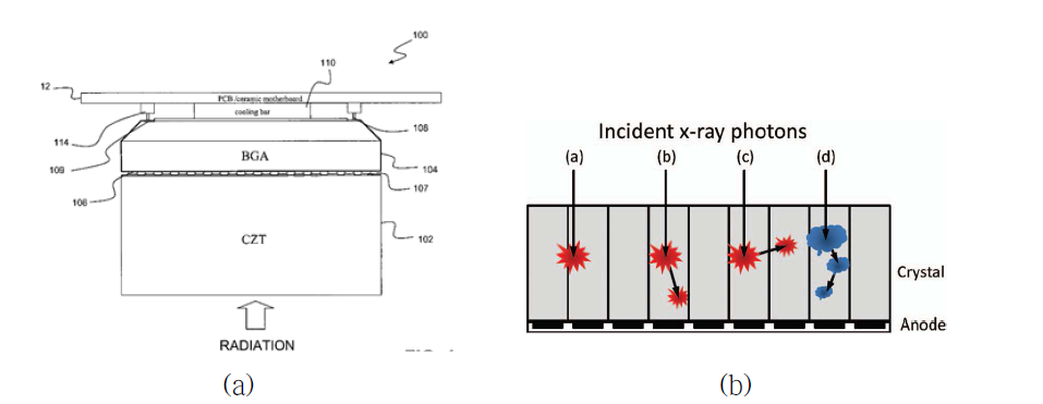 (a) 작은 픽셀효과를 이용한 검출기 개발, (b) 광자계수기반검출기의 X-ray와의 상호작용 원리