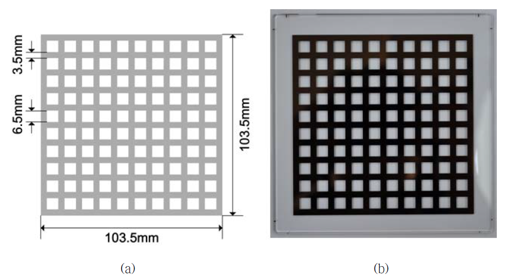 렌즈의 f-θ 특성을 측정하는데 사용하는 격자무늬 마스크의 설계도(a) 와 사진(b).