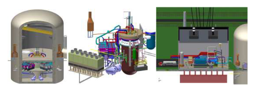 AFR-100 원자로 격납용기(좌) 및 정지 시 중간 열교환기 열제거를 위한 시스템 (중) 및 AFR-100 시스템 (우)