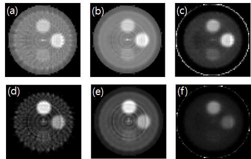 (a) 보간법을 사용하지 않은 FBP 재구성 영상 (23-33 keV), (b) 보 간법을 사용한 FBP 재구성 영상 (23-33 keV), (c) MLEM 재구성 영상 (10 iterations), (d) 보간법을 사용하지 않은 FBP 재구성 영상 (34-44 keV), (e) 보 간법을 사용한 FBP 재구성 영상 (34-44 keV), (f) MLEM 재구성 영상 (10 iterations)