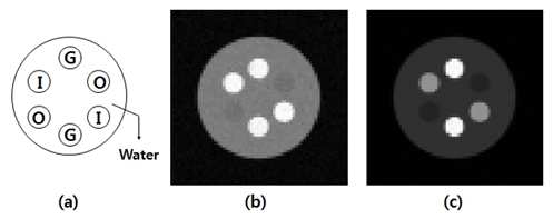 (a) 다중에너지 X-선 영상화 및 물질분리를 위해 사용된 팬텀의 모식도, (b-c)는 최적화된 저·고 에너지 영상을 재구성한 CT 영상