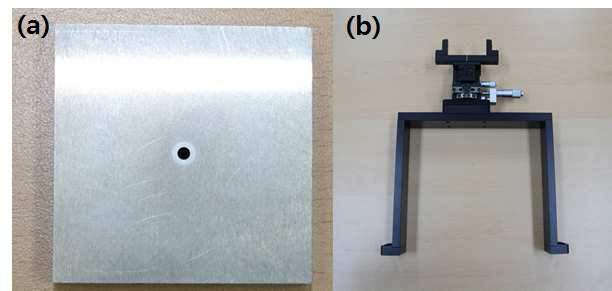 (a) 핀홀 콜리메이터, (b) 핀홀 콜리메이터 움직임 제어를 위한 지그