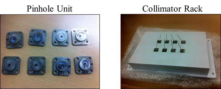 실험에 사용한 텅스텐 핀홀 구성부(왼쪽) 및 납 콜리메이터(오른쪽)