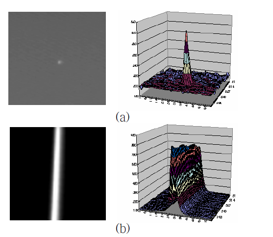 PT 영상시스템의 해상도 측정: (a) pinhole 영상 및 PSF 분포와 (b) slit 영상 및 LSF 분포