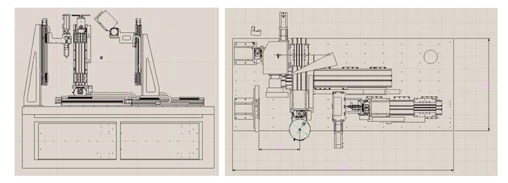 PT 영상시스템의 prototype 구조에 대한 상세 설계: side view(좌), top view(우)