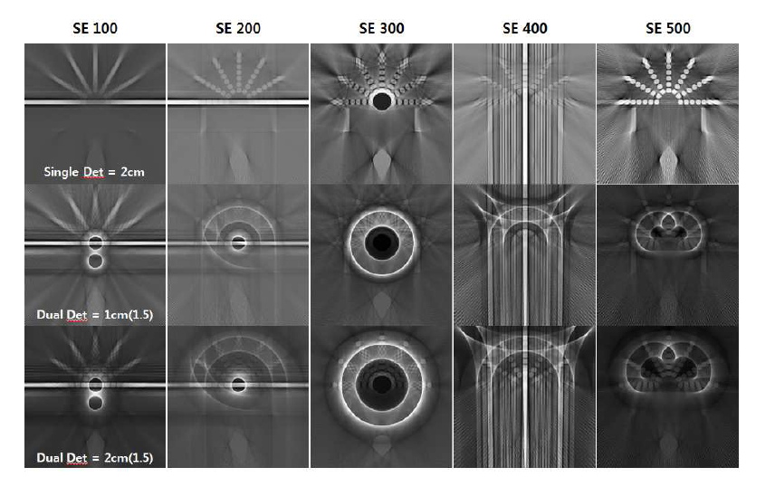 원형궤적에 대해 설계된 5 가지 기본 구동시퀀스에 대해 FBP 알고 리즘으로 재구성된 영상의 예: SE100, SE200, SE300, SE400, SE500