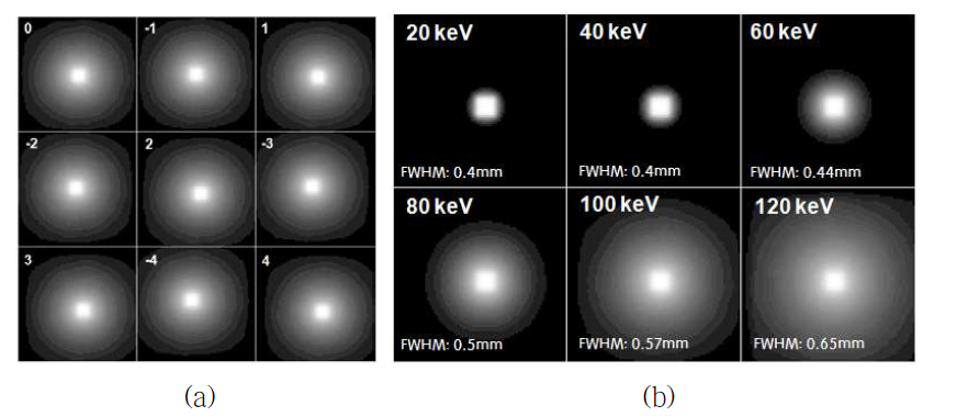 (a) 광자 입사 위치에 따른 에너지 분포 (b) 입사 에너지에 따른 에 너지 분포
