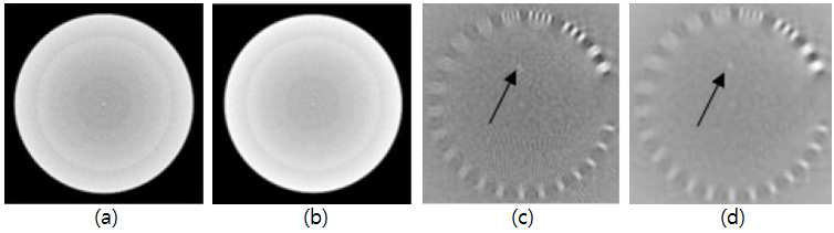 (a) CTP486 module에 대해 Ram-Lak 필터를 사용하여 재구성한 영상, (b) CTP486 module에 대해 Hann 필터를 사용하여 재구성한 영상, (c) CTP528 mudule에 대해 Ram-Lak 필터를 사용하여 재구성한 영상, (d) CTP528 mudule에 대해 Hann 필터를 사용하여 재구성한 영상