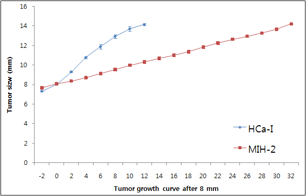 원발병소 모델의 종양 성장 양상. 종양의 직경이 8 mm에 서 12 mm 자라는 시간이 HCa-I 의 경우 평균 6.8일, MIH-2의 경 우 평균 21.2일이 소요되는 성장의 양상이 다른 cell line임