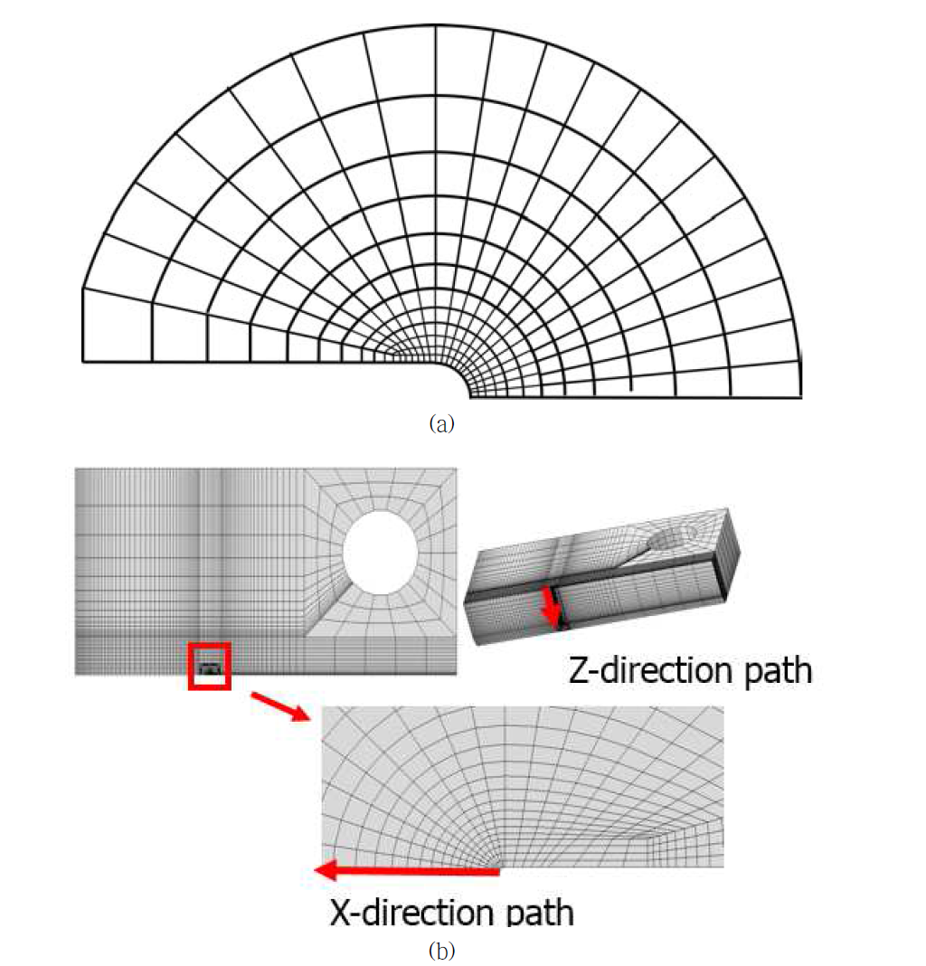 (a) 균열 선단에서 블런트 형태의 메쉬 (b) CT 시편 메쉬망 및 응력 추출 위치 z,x-direction