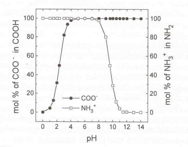 The calculated volume ratio of the carboxyl group and amine group of glycine as a function of pH.