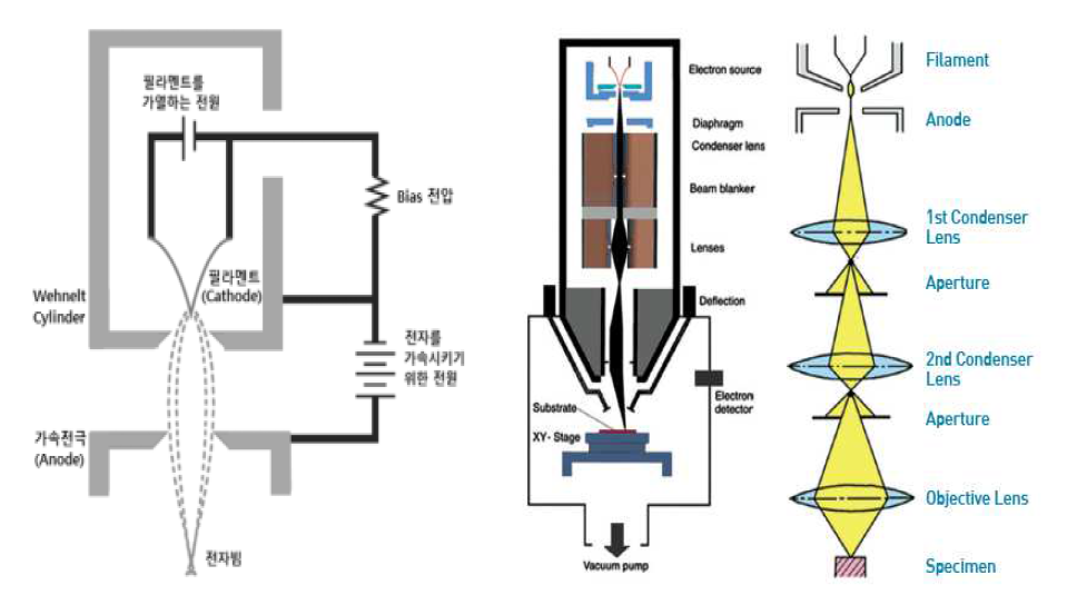 SEM의 전자총과 전자랜즈의 구성도
