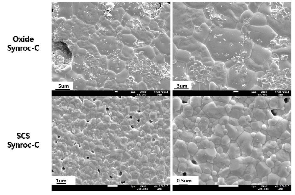 SEM morphologies of different synthesized of sintered Synroc-C