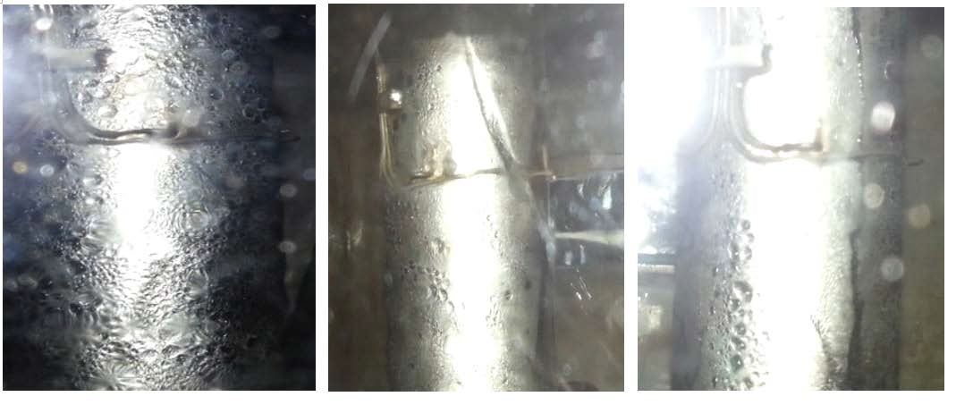 0.38 MPa에서 배관 기울기에 따른 응축 현상 사진: 10 °(왼쪽), 30°(가운데), 90°(오른쪽)