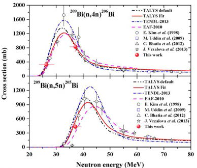 측정된 209Bi(n,xn) 핵반응 단 면적데이터와 TENDL-2013 및 EAF-2010 비교