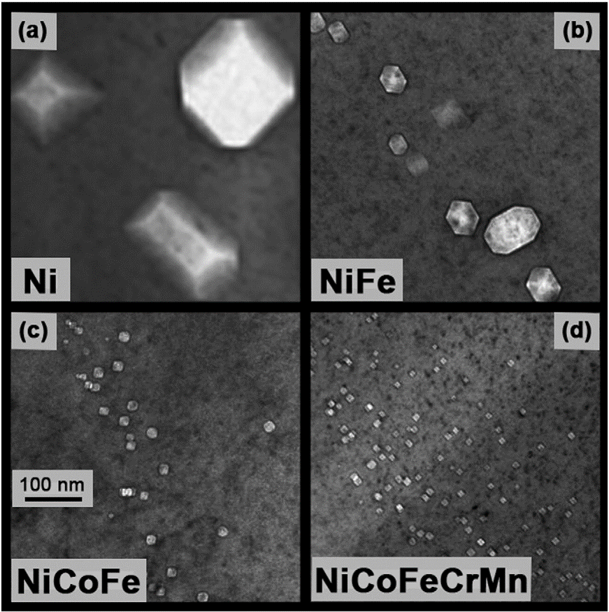 최대 swelling 지역에서 TEM 이미지 (a) Ni, (b) NiFe, (c) NiCoFe, (d) NiCoFeCrMn
