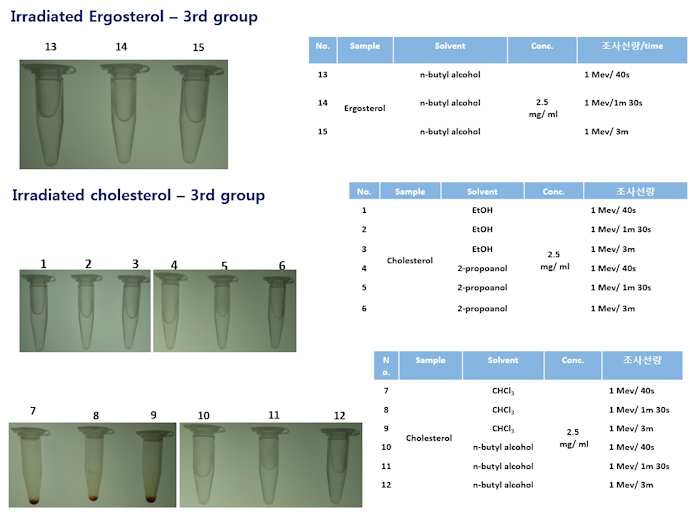 다양한 유기용매 조건하에서의 cholesterol 및 ergosterol에 대한 전자빔 조사 결과