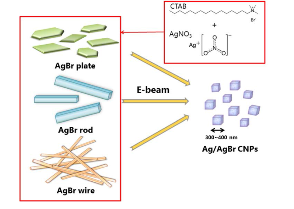 다양한 구조의 AgBr 마이크로구조체와 전자빔 조사량에 따른 Ag/AgBr 나노구조체로의 전환을 보여주는 모식도