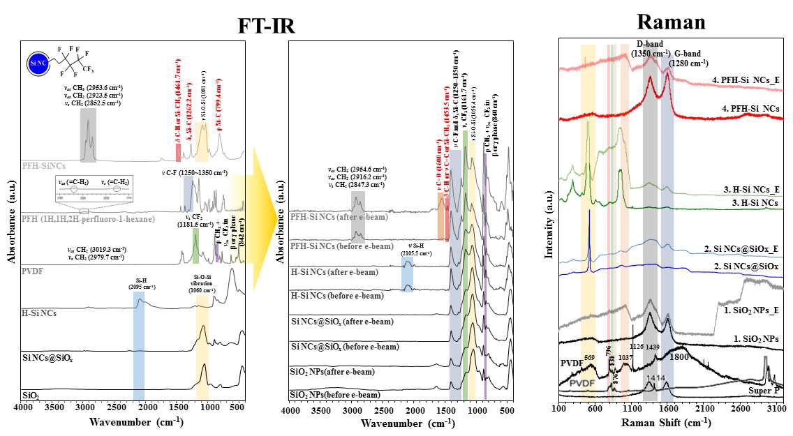 전극 제작 전 샘플과 전극의 전자빔 조사 전/후 FT-IR과 Raman