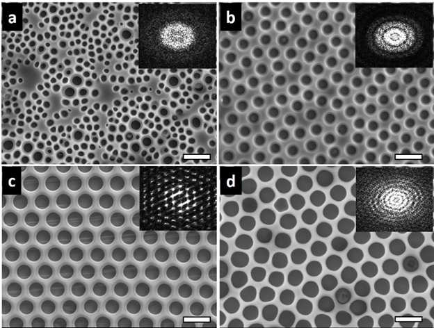 FESEM images of the film surfaces prepared with various solvent/non-solvent volume ratios of (a) 100/0, (b) 90/10, (c) 85/15, and (d) 80/20. The inset in each image is the corresponding FFT pattern. Scale bar: 5 μm