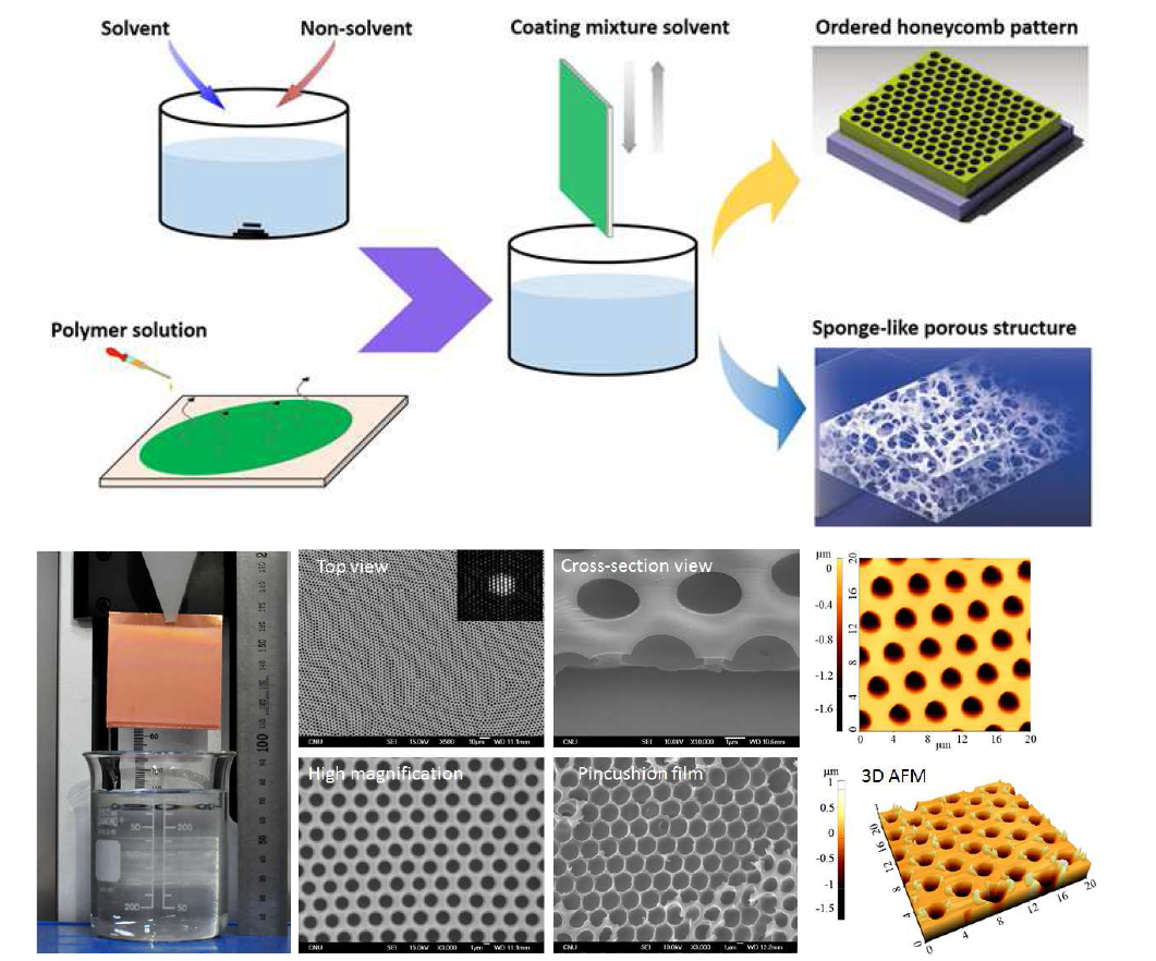(Top) Preparation of porous structure; (Bottom-Left) Photograph representing fabrication of honeycomb patterned film; (Bottom-Middle) Surface and cross-sectional morphology of honeycomb pattered film; (Bottom-Right) 2D and 3D AFM images