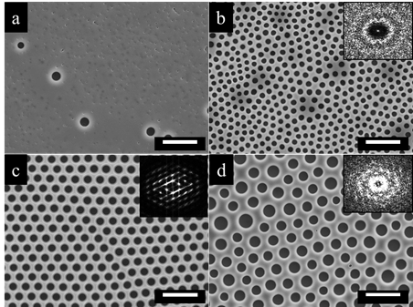 FESEM images of the patterned film surfaces prepared using solvent/non-solvent mixtures with different volume ratios of (a) 100/0, (b) 95/5, (c) 90/10, and (d) 85/15. The inset in each image is the corresponding FFT pattern. Others conditions were kept constant with the temperature of 20℃ and the relative humidity (RH) level of 60%. The scale bars are 10 mm