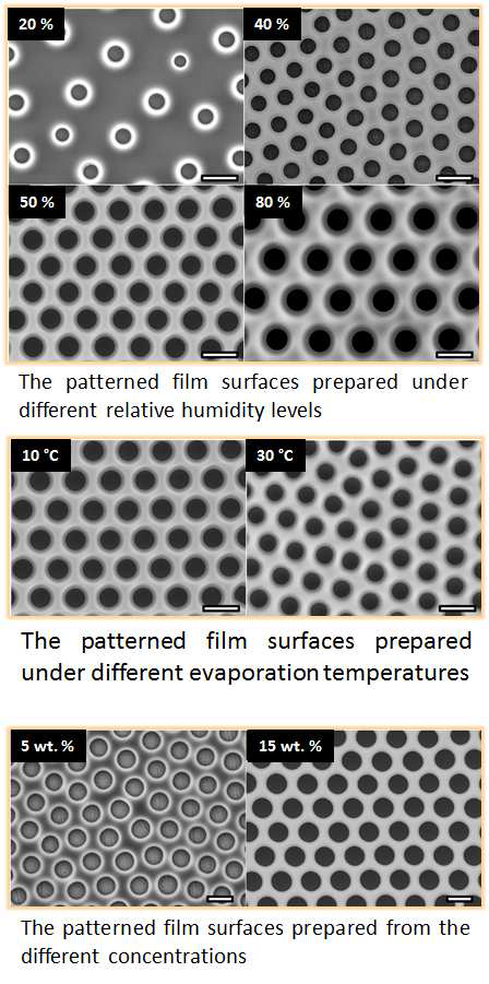 FESEM images of the dependence of the pore size and pattern on the relative humidity, temperature, and polymer concentration
