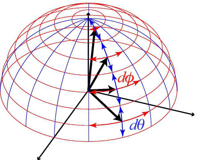 극좌표계에서의 두 각도, φ와 θ의 일정한 변위가 주어졌을 경우에 나타나는 실제 이동의 정도. 검은 화살표는 스핀 벡터이며 빨강 및 파랑 화살표는 각각 φ와 θ의 변위에 해당한다.