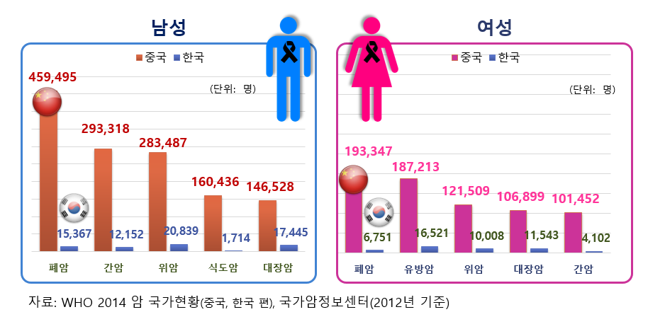 한국과 중국의 암종별 발병자수 비교