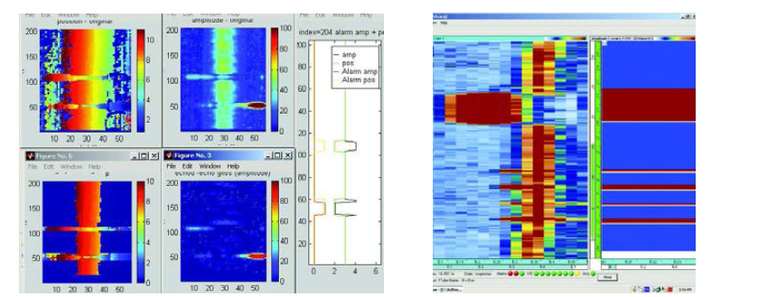 내부적인 형상의 용접부 신호를 제거하기 위한 소프트웨어 알고리즘을 지닌 위상배열 데이터 화면(왼쪽); on-line 초음파 탐상 화면 (오른쪽).