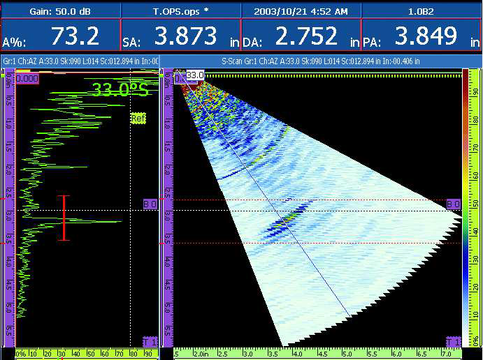 A-scan 최대 진폭을 지닌 균열을 나타내는 T-용접부의 S-scan 화면