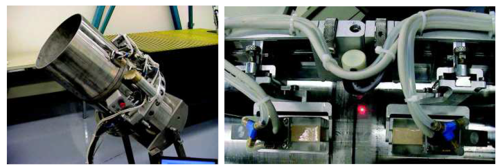 두 개의 위상배열 탐촉자를 사용하는 배관 스캐너(왼쪽)과 FP이저 빔을 사용한 용접부 중심 맞춤 장치(오른쪽)