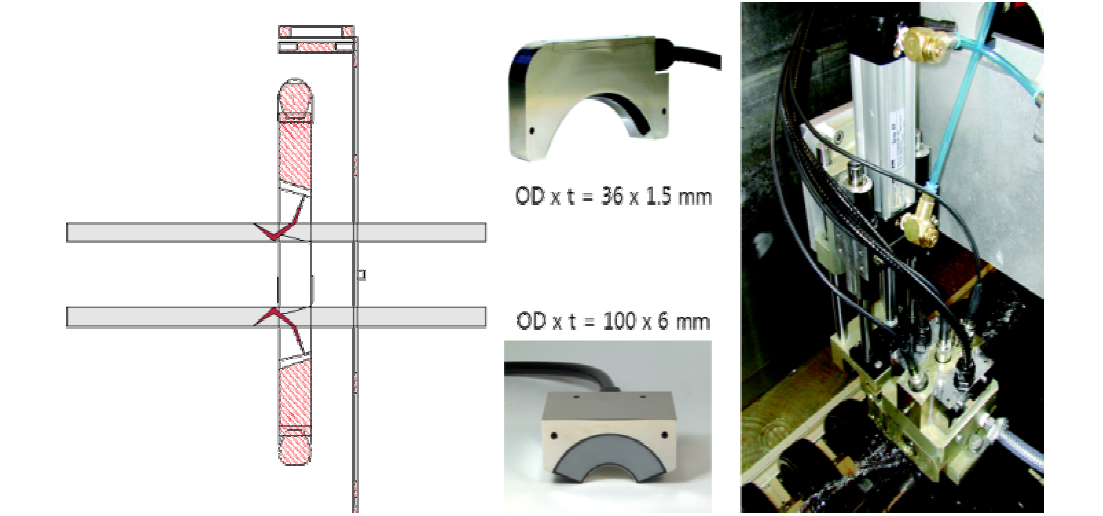 횡 방향 결함 검출에 대한 위상배열 원리 (왼쪽), 두 가지의 클러스터 형식의 탐촉자 (가운데), 배관 검사를 위한 여러 헤드 어셈블리 (오른쪽)