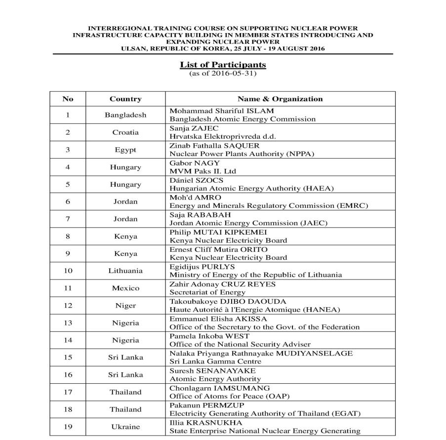 IAEA 단기 교육과정 참가자 명단