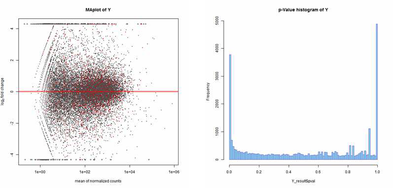 사선 조사에 의해 발현양이 변화되는 유전자 분석을 위 한 MA plot과 p-value histogram.