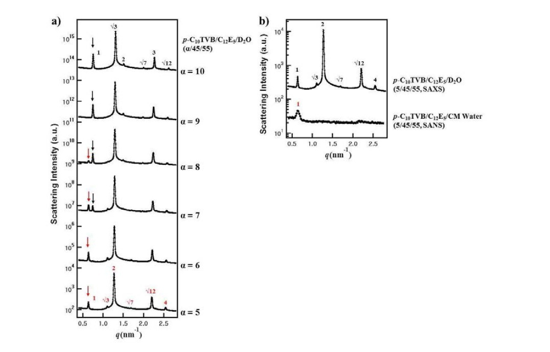 a) p-C10TVB/C12E5/D2O 의 농도 변화에 따른 SAXS 결과 (α/45/55, α = 5, 6, 7, 8, 9, 10) b) Contrast matched SANS 와 SAXS 결과 비교