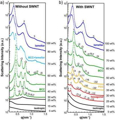 상온에서 a) F108 b) F108-SWNT 수용액의 농 도 변화에 따른 SAXS 데이터. 각 농도에서의 상과 그에 해당하는 peak 비율이 기록되어 있다