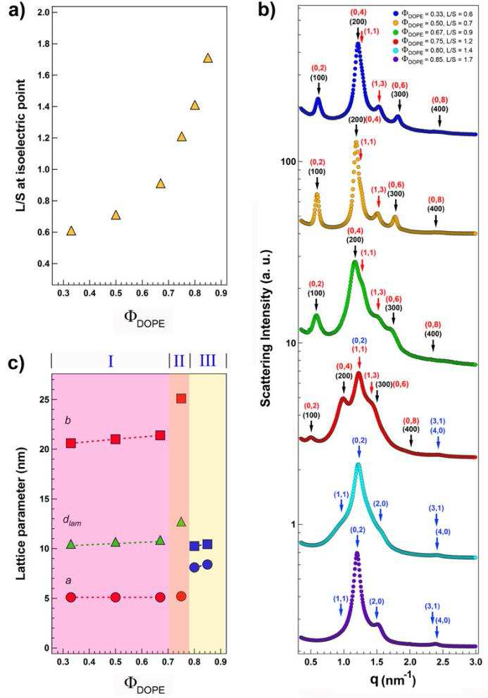 (a) p-SWNT25와 CL의 isoelectric point. (b) 각각의 ΦDOPE에 따른 SAXS 데이터. (c) ΦDOPE에 따른 격자상수의 변화 그래프로 I 영역은 intercalated lamellar structure with centered rectangular SWNT array, III 영역은 inverted centered rectangular structure을 나타내며 II 영역은 상변화가 일어나는 구간이다