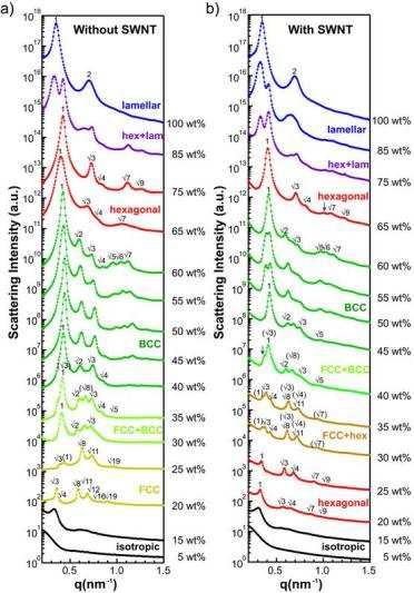 상온에서 a) F127 b) F127-SWNT 수용액의 농 도 변화에 따른 SAXS 데이터. 각 농도에서의 상과 그에 해 당하는 peak 비율이 기록되어 있다. 탄소나노튜브에 의해 20~25%, 65~70%에 걸쳐 두 번의 hexagonal 구조가 관 찰되었다