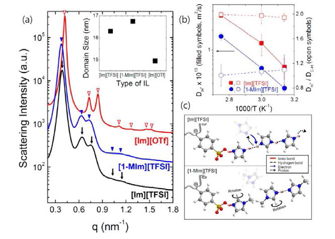 이온성 액체의 종류를 달리함에 따른 나노 구조체의 구조변화 (a), diffusion coefficient의 변화 (b), 전도 메커니즘 (c)