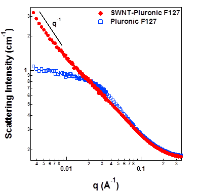 수용액상에 F127만 있을 경우와 F127을 이용해 단일벽 탄 소나노튜브를 분산시켰을 때의 중 성자 소각산란 pattern