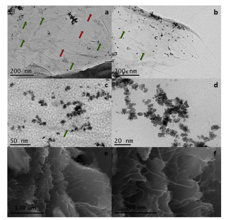 TEM(a-d) and SEM(e-f) 이미지