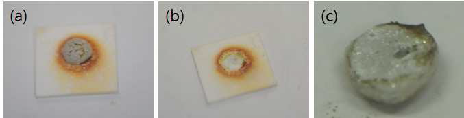 Al2O3위의 LCC-0.5wt% 시편의 500℃젖음성 실험 (a)실험 지 후 형태, (b)시편과 기판을 분리시킨 형태, (c)기판과 분리시킨 LCC-0.5wt%Li시편