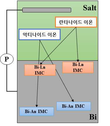 용융염과 액체 Bi계의 전해회수를 통한 밀도차 군분리 개념도