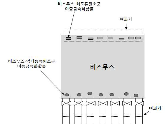 밀도 차로 비스무스-악티늄족원소군 이종금속화합물과 비스무스-희토류원소군 이종금속화합물을 분리하는 공정개념도