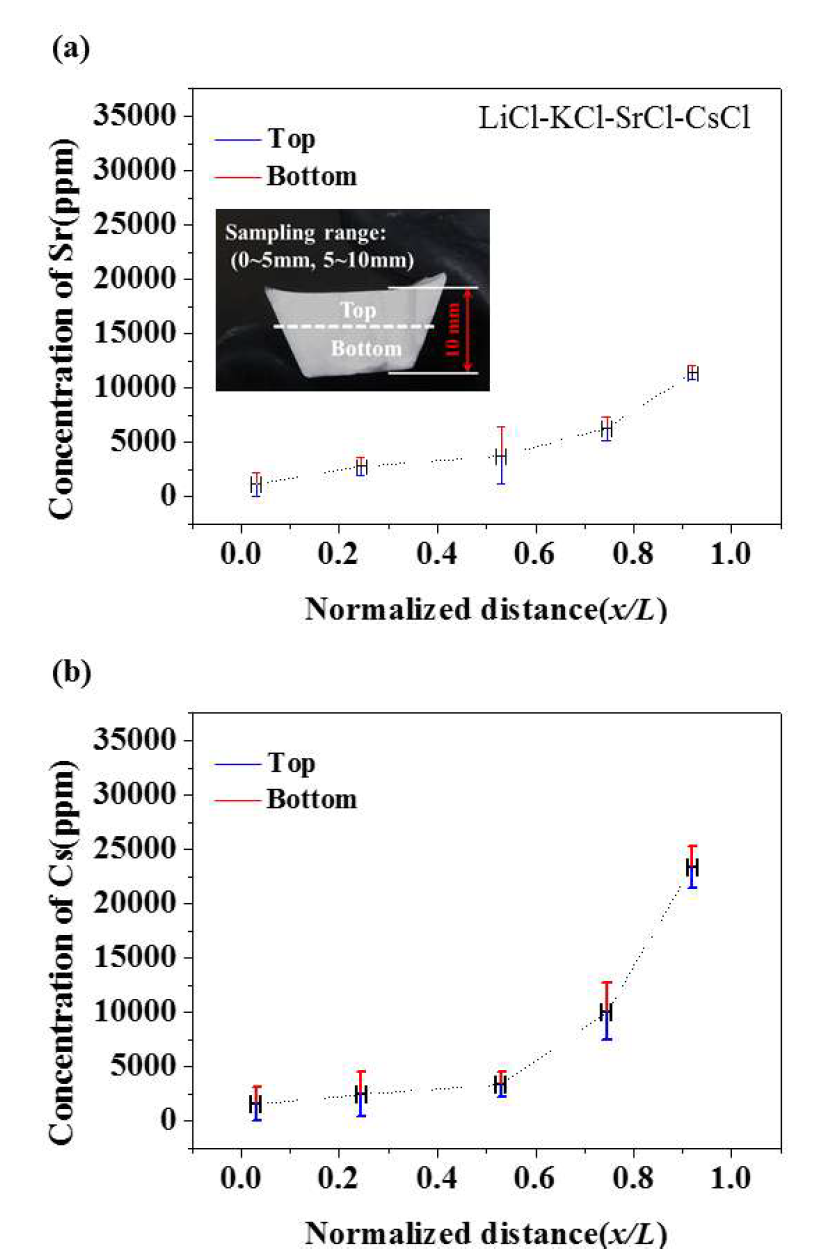 시료의 상/하부 위치에 따른 (a)Sr, (b)Cs의 농도분포 거동